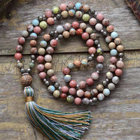 Natural Handmade Jasper Agate & Pyrite Bead Necklace With Tassel