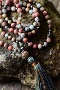 Natural Handmade Jasper Agate & Pyrite Bead Necklace With Tassel