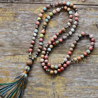 Natural Handmade Jasper Agate & Pyrite Bead Necklace With Tassel
