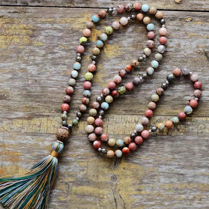 Natural Handmade Jasper Agate & Pyrite Bead Necklace With Tassel