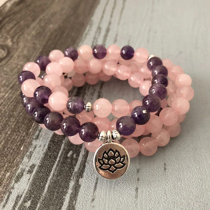 108 Natural Rose Quartz & Amethyst Mala Beads
