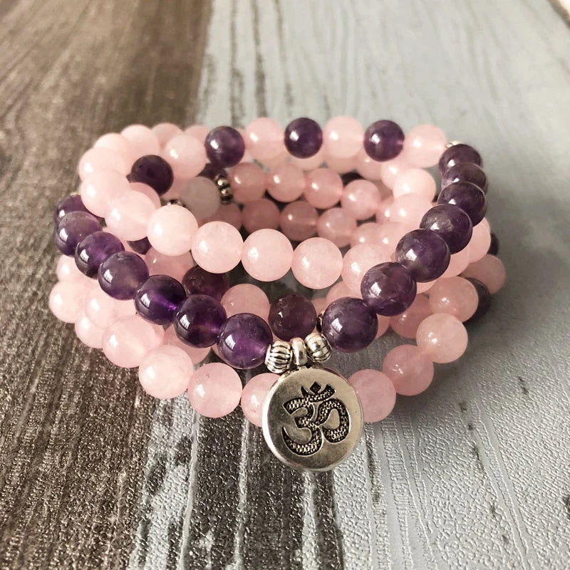 108 Natural Rose Quartz & Amethyst Mala Beads