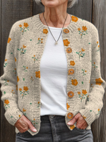Vintage Flower Art Print  Buttoned Cardigan Sweater