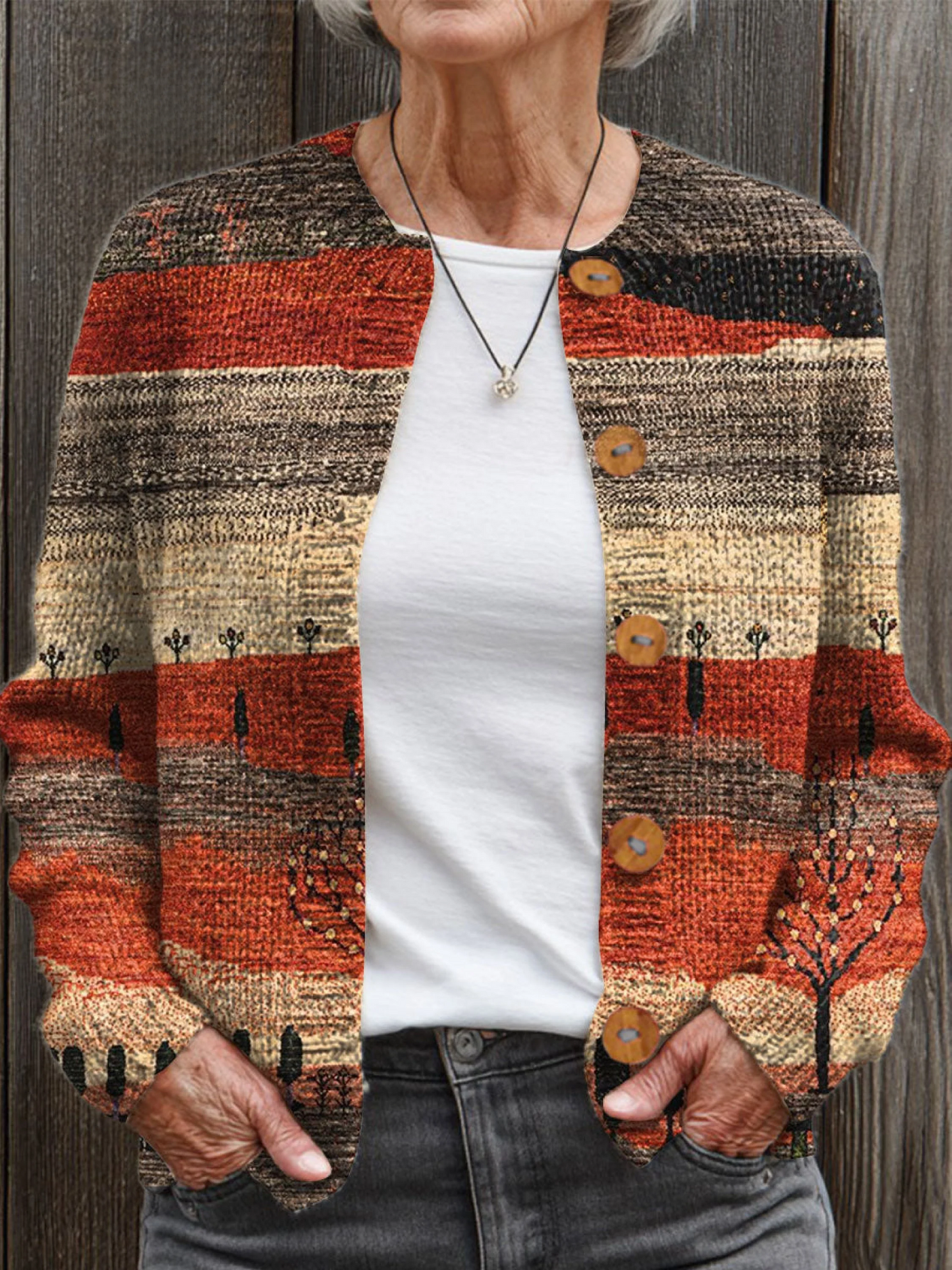 Vintage  Art Print Buttoned Cardigan Sweater