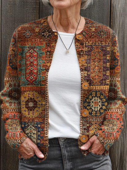 Vintage Flower Art Print Buttoned Cardigan Sweater