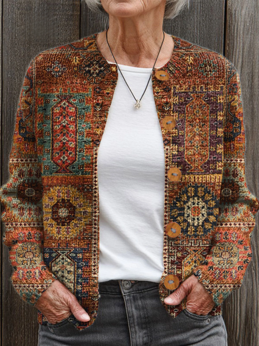 Vintage Flower Art Print Buttoned Cardigan Sweater