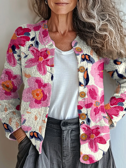 Vintage Flower Art Print Buttoned Cardigan Sweater