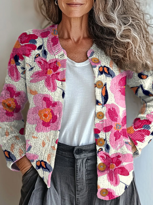 Vintage Flower Art Print Buttoned Cardigan Sweater