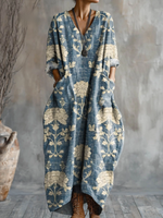 Women's Vintage Floral Pattern Art Print Pocket V-neck Cotton Dress