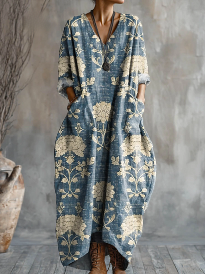 Women's Vintage Floral Pattern Art Print Pocket V-neck Cotton Dress