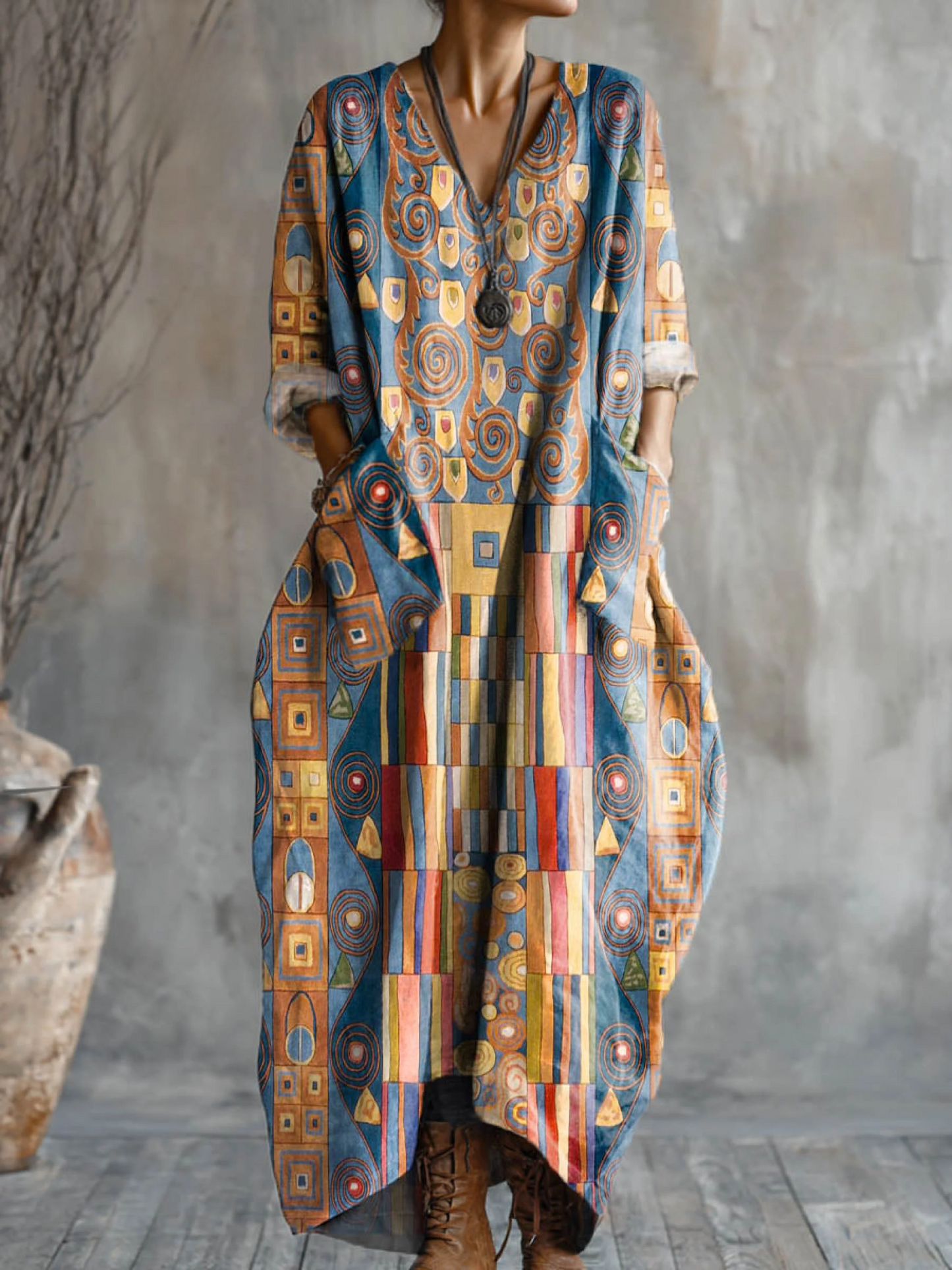 Women's Abstract Geometric Pattern Art Print Pocket V-neck Cotton Dress