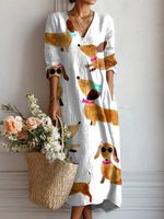 Women's Vintage Dachshund Art Print Linen Pocket Dress