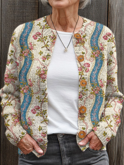 Vintage Flower Art Print  Buttoned Cardigan Sweater