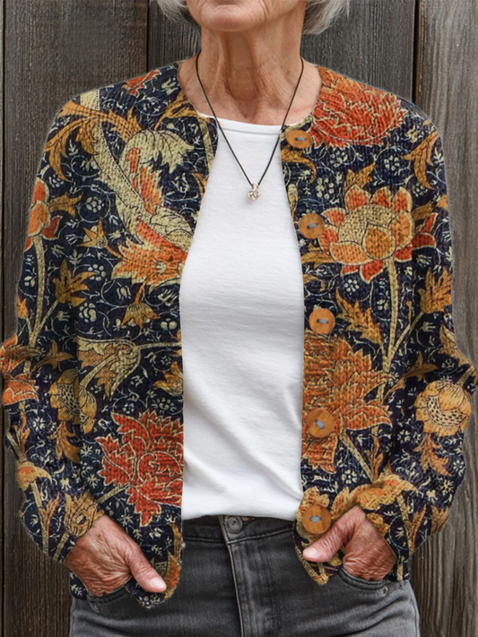 Vintage Flower Art Print  Buttoned Cardigan Sweater