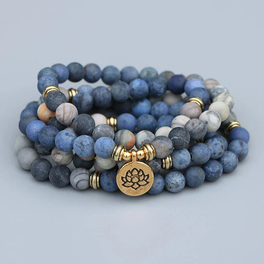 108 Natural Picasso Jasper & Blue Stone Mala Bead Bracelet