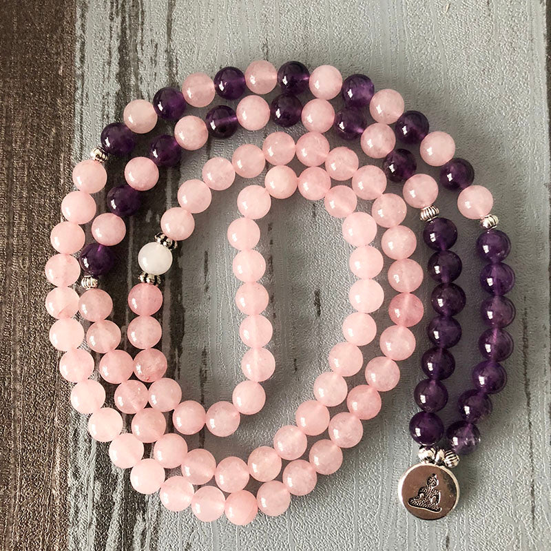 108 Natural Rose Quartz & Amethyst Mala Beads