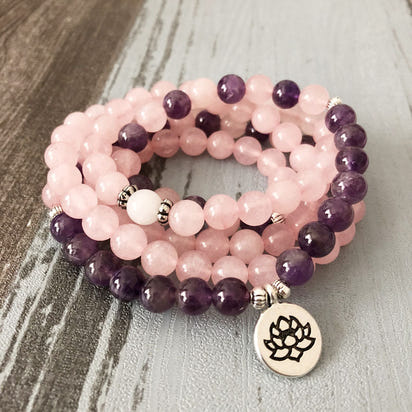 108 Natural Rose Quartz & Amethyst Mala Beads