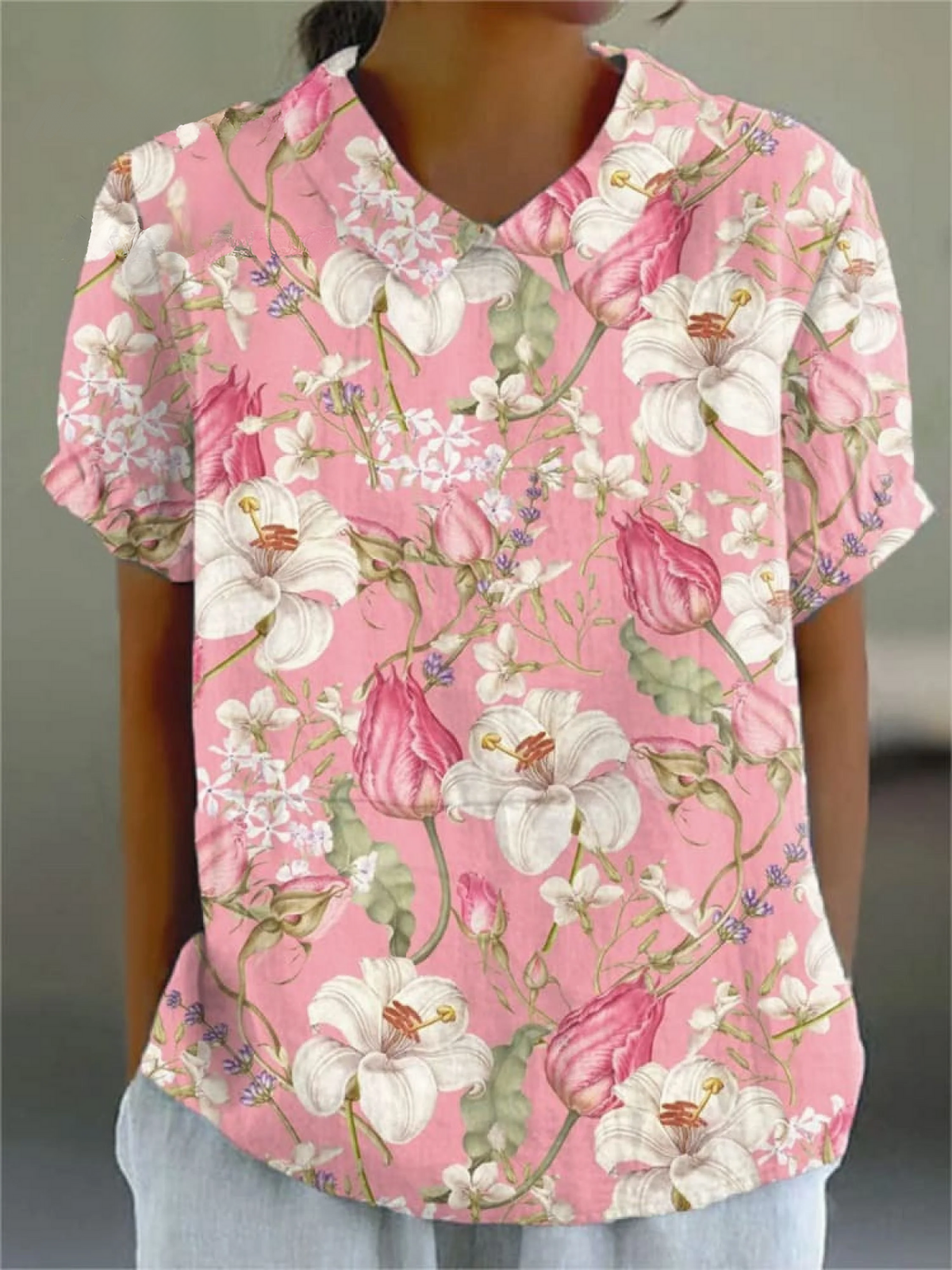 Women's  Vintage Floral Art Print Casual Linen V-neck Shirt
