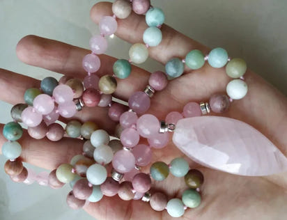 108 Natural Amazonite Rose Quartz & Rhodonite Mala Necklace