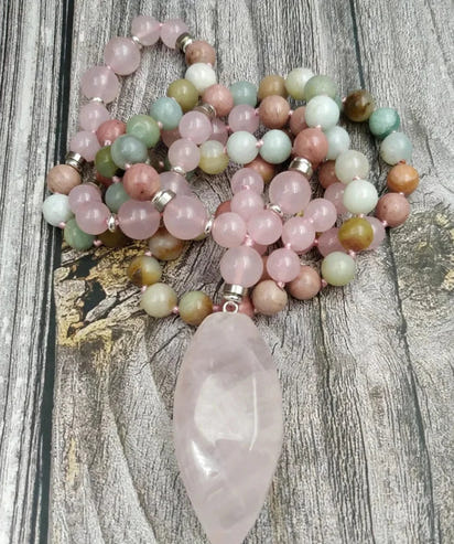 108 Natural Amazonite Rose Quartz & Rhodonite Mala Necklace