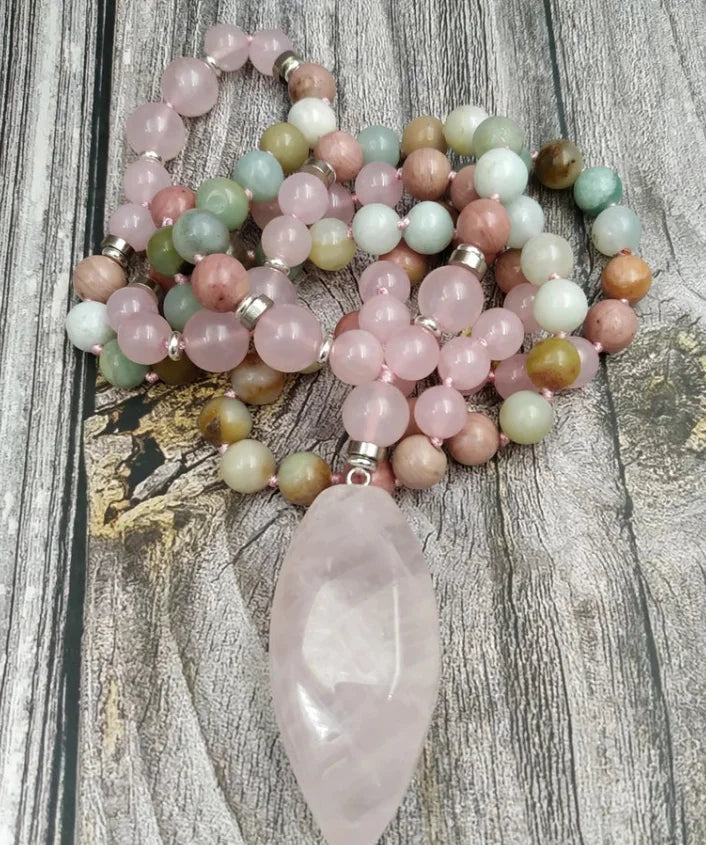 108 Natural Amazonite Rose Quartz & Rhodonite Mala Necklace