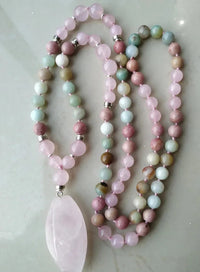 108 Natural Amazonite Rose Quartz & Rhodonite Mala Necklace