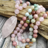 108 Natural Amazonite Rose Quartz & Rhodonite Mala Necklace