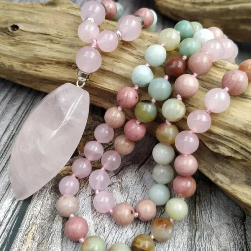 108 Natural Amazonite Rose Quartz & Rhodonite Mala Necklace