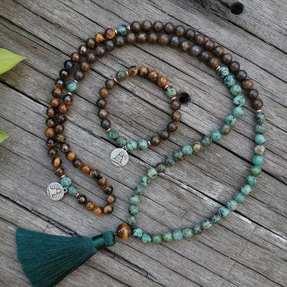 108 Natural Tiger Eye Bronzite & African Turquoise Mala Beads