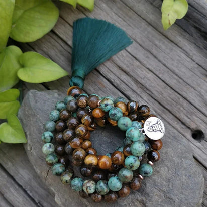 108 Natural Tiger Eye Bronzite & African Turquoise Mala Beads
