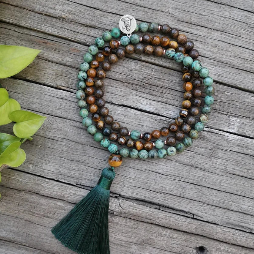 108 Natural Tiger Eye Bronzite & African Turquoise Mala Beads