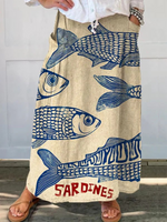 Women's Vintage Fish Sardine Art Print Linen Pocket Skirt