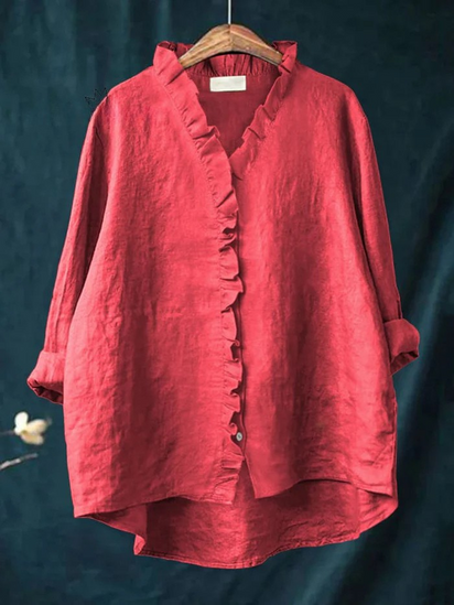 Women's Casual Cotton And Linen Ruffle Shirt