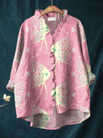Women's Colorful Abstract Sea Fish Art Print Casual Cotton And Linen Ruffle Shirt