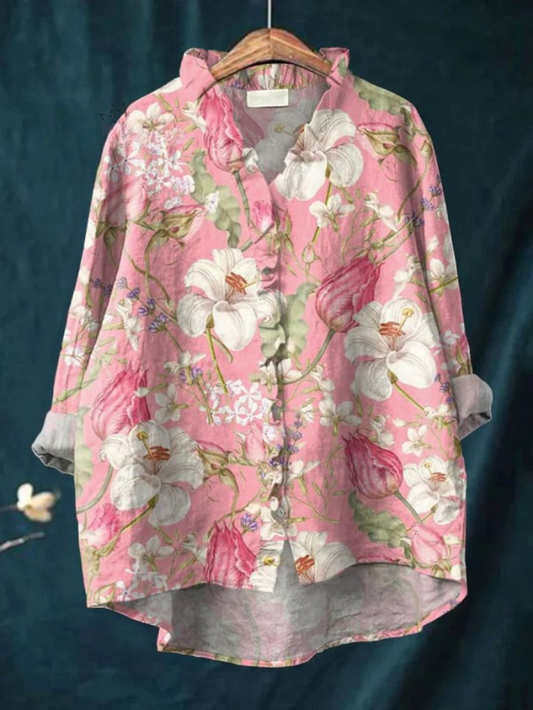 Women's  Vintage Flowers Art  Print Casual Cotton And Linen Ruffle Shirt