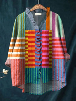 Women's Abstract Geometric Pattern Art Print Casual Cotton And Linen Ruffle Shirt