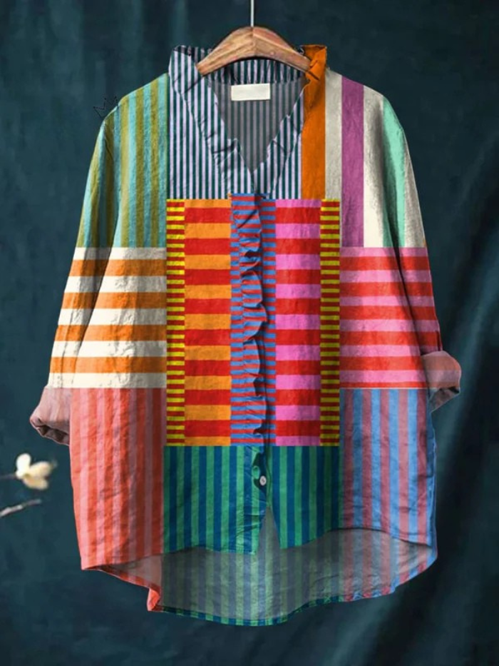 Women's Abstract Geometric Pattern Art Print Casual Cotton And Linen Ruffle Shirt