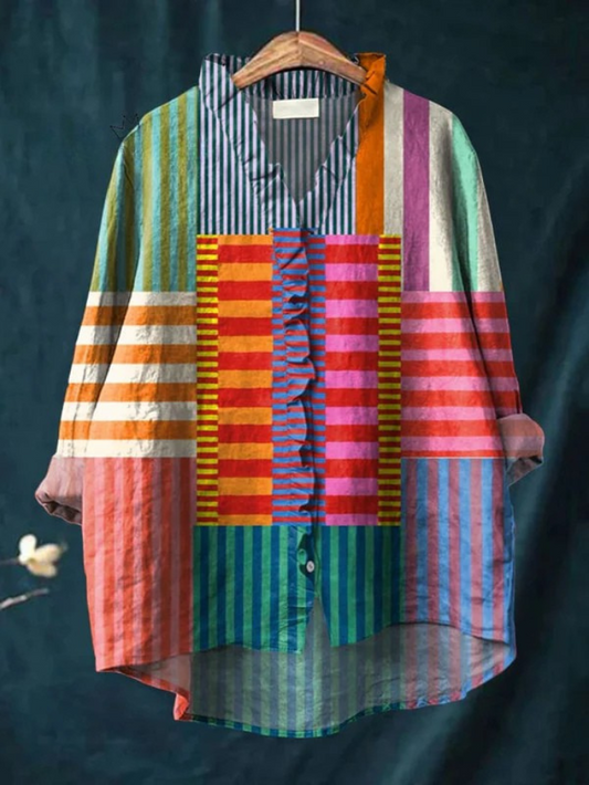 Women's Abstract Geometric Pattern Art Print Casual Cotton And Linen Ruffle Shirt