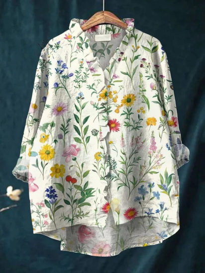 Women's Vintage  Flowers Art Print Casual Cotton And Linen Ruffle Shirt