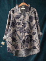 Women's Vintage Flower Art Print Casual Cotton And Linen Ruffle Shirt