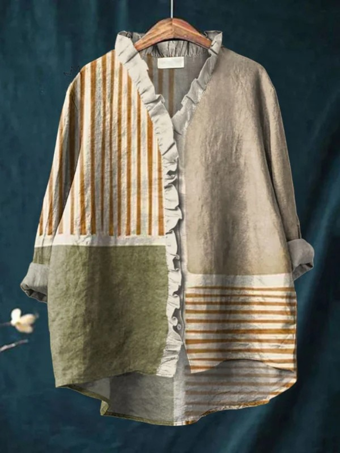 Women's Abstract Geometric Pattern Art Print Casual Cotton And Linen Ruffle Shirt