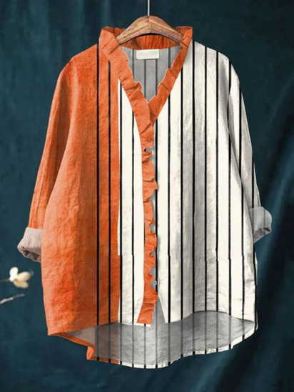 Women's  Vintage Abstract Geometric Art  Print Casual Cotton And Linen Ruffle Shirt