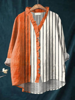 Women's  Vintage Abstract Geometric Art  Print Casual Cotton And Linen Ruffle Shirt