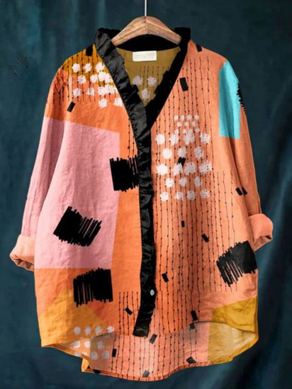 Women's Vintage Abstract Geometric Lines Art Print Casual Cotton And Linen Ruffle Shirt