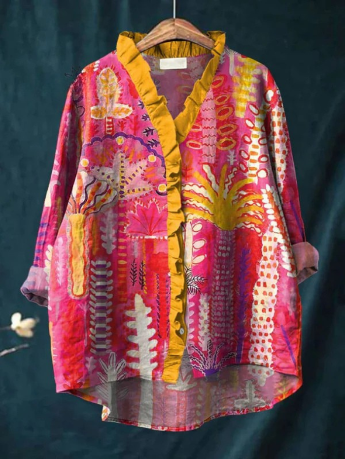 Women's Colorful Tree Art Print Casual Cotton And Linen Ruffle Shirt