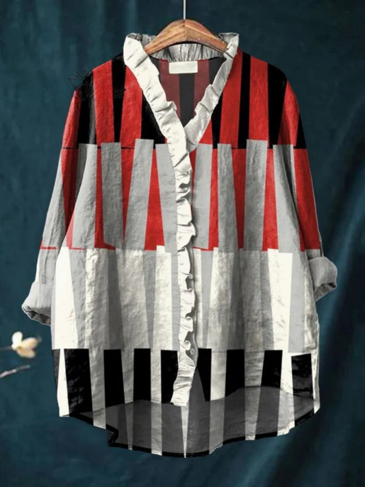 Women's Fashion Color Block Line Art Print Casual Cotton And Linen Ruffle Shirt