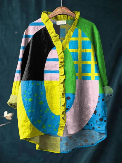 Women's Bright Abstract Geometric Stripe Art Print Casual Cotton And Linen Ruffle Shirt