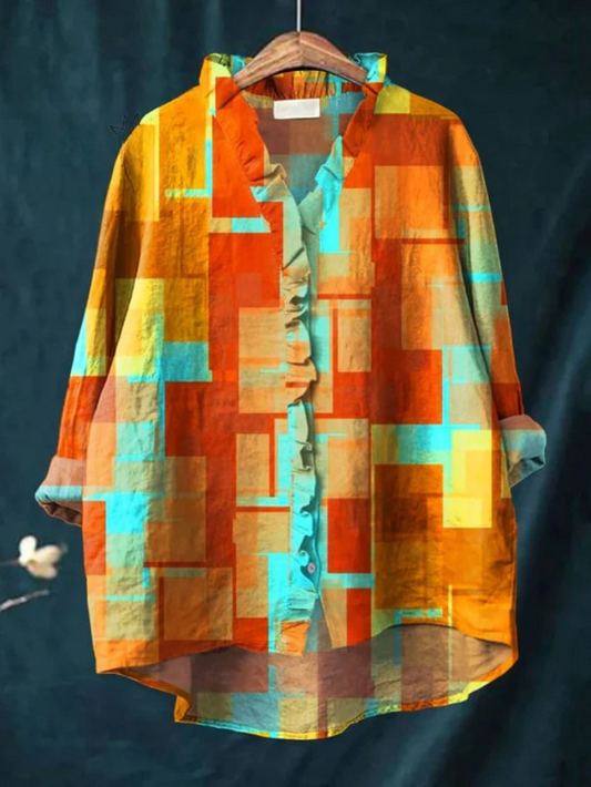 Women's Colorful Abstract Squares Art Print Casual Cotton And Linen Ruffle Shirt