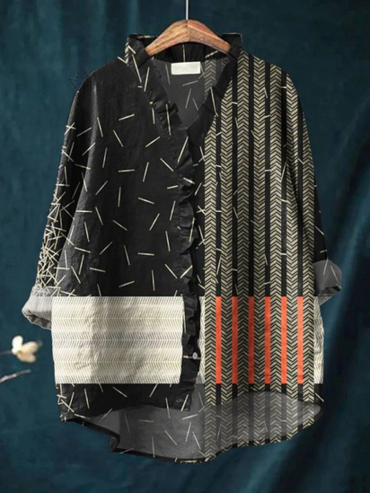 Women's Abstract Twill Art Print Casual Cotton And Linen Ruffle Shirt