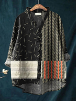 Women's Abstract Twill Art Print Casual Cotton And Linen Ruffle Shirt